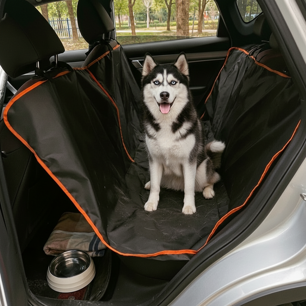 Husky dog on car seat cover